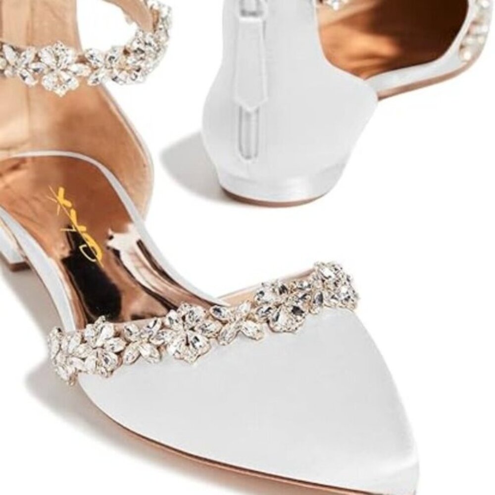 XYD White Pointed Toe Sandals with Crystal Floral Straps
